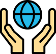 Hands holding a blue globe icon.