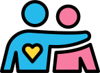 Two figures embracing with heart symbol.