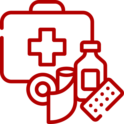 Red medical supplies icon on black background.