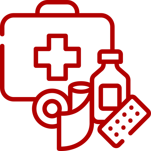 First aid kit with medical supplies.