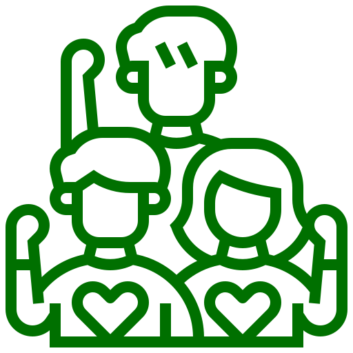 Three people with heart symbols, outlined.