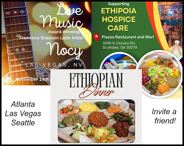 Live music and Ethiopian dinner promotion.